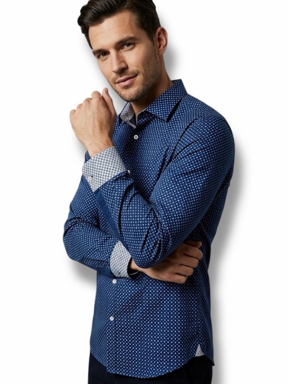 Ted Baker London Endurance Men's Blue Geo Print Dress Shirt Slim Fit 15.5